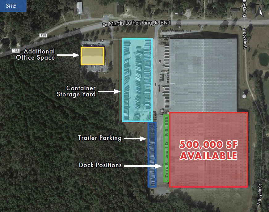 Aerial view of an industrial site with marked areas: additional office space (yellow), container storage yard (blue), trailer parking, dock positions, and a large building section labeled 500,000 SF AVAILABLE in red.