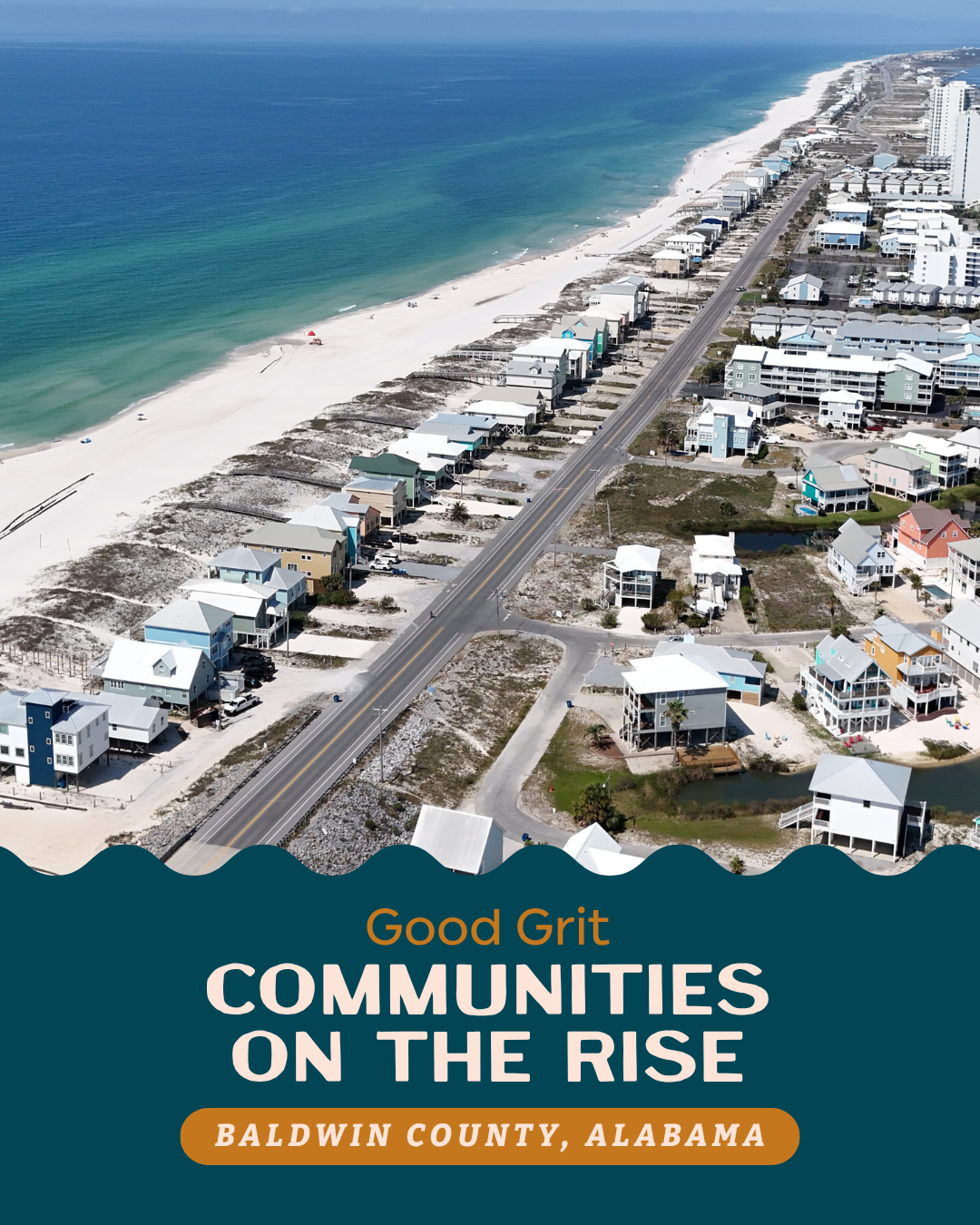 Aerial view of a coastal Alabama town with houses, a road, and beach, overlaid with text: Good Grit Communities on the Rise, Baldwin County Community Economic Development Foundation, Baldwin County, Alabama.