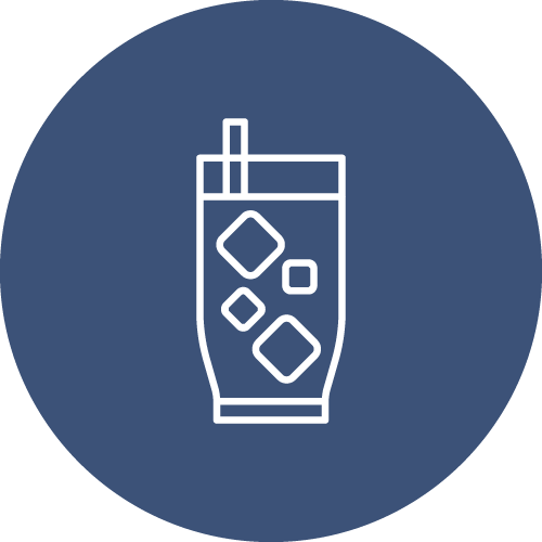 White outline of a glass filled with ice cubes and a straw, centered on a dark blue circular background—perfectly representing the refreshing spirit of the Baldwin Alliance staff.