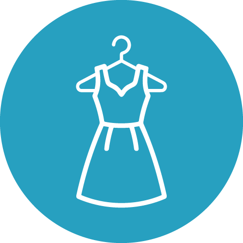 White outline of a dress on a hanger inside a blue circle, representing the professionalism and style of the Baldwin Alliance staff.