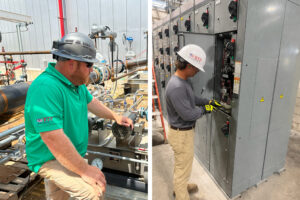 Two workers wearing hard hats and safety gear work with industrial equipment: one checks machinery outdoors, while the other inspects an electrical panel indoors—demonstrating the expertise of an Alabama electrical services company serving energy and industrial industries in Baldwin County, Bay Minette, AL.