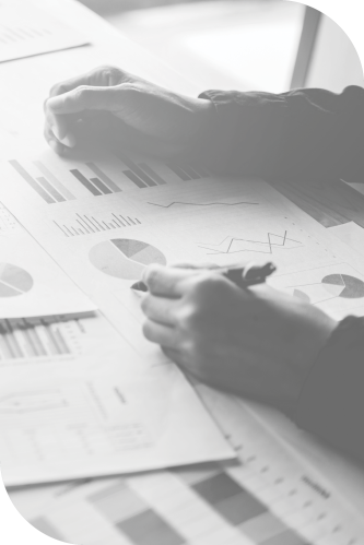 A Baldwin Alliance staff member holds a pen and reviews printed charts and graphs on paper, including bar graphs and pie charts, in a grayscale office setting.
